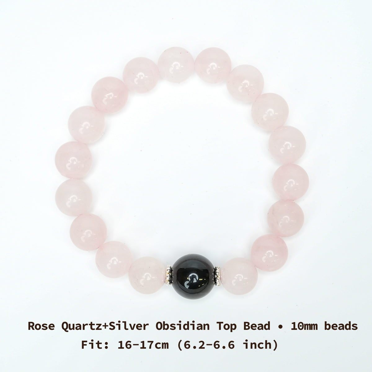 Couple Bracelet - 12mm&10mm Silver Obsidian + Rose Quartz Top Bead