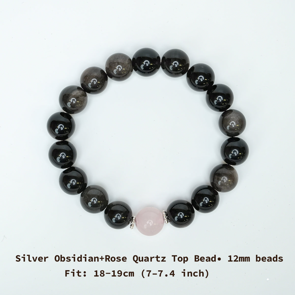 Couple Bracelet - 12mm&10mm Silver Obsidian + Rose Quartz Top Bead