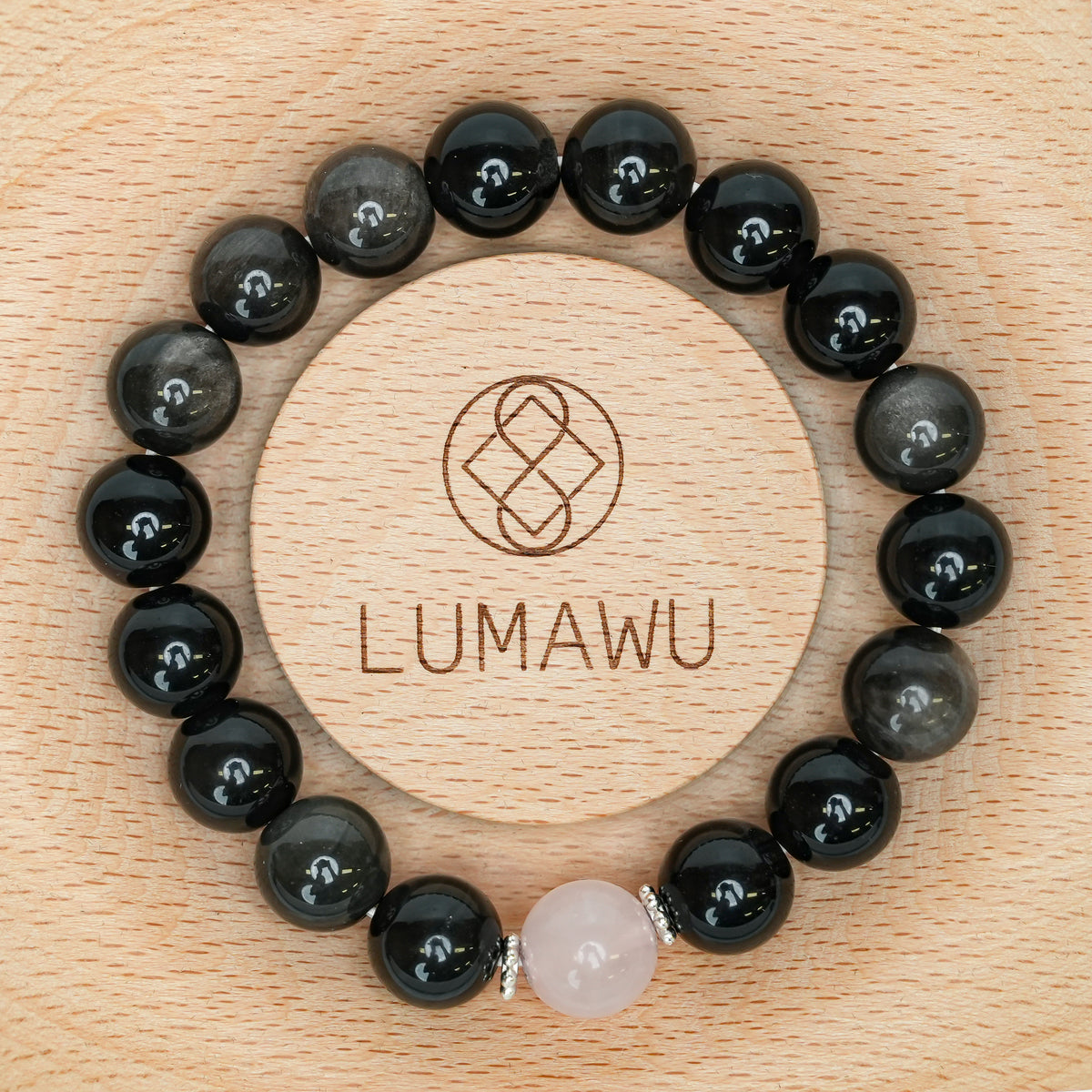 Couple Bracelet - 12mm&10mm Silver Obsidian + Rose Quartz Top Bead