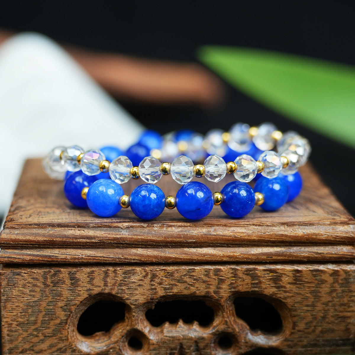 Blue Banded Agate & Clear Quartz Double-Wrap Bracelet