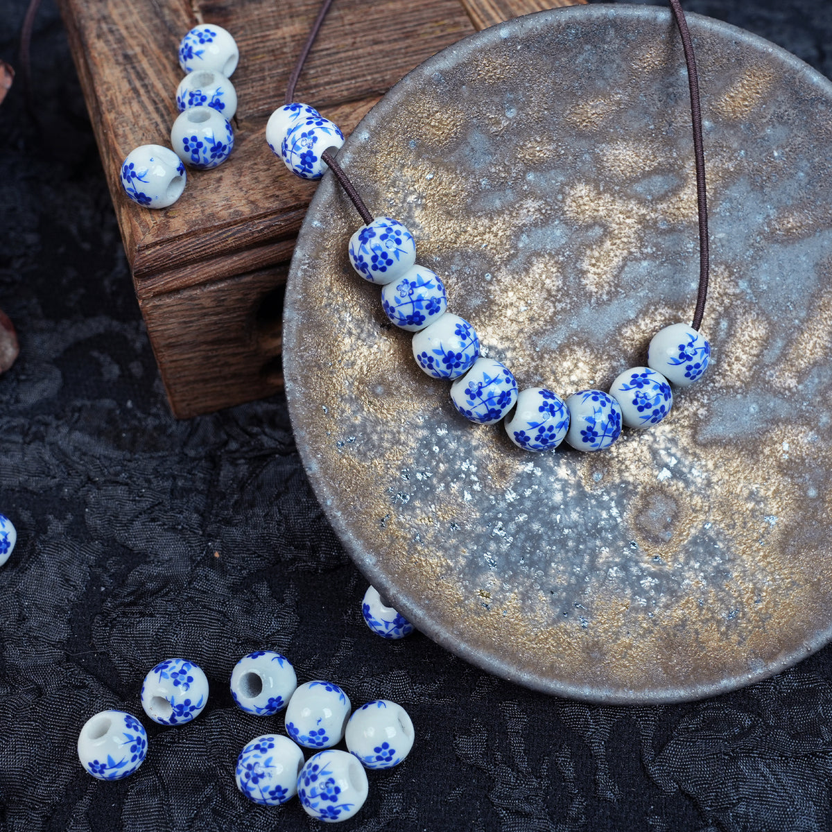 Handmade DIY Blue and White Porcelain Flower Beads (10 pcs) - Blue Floral Pattern