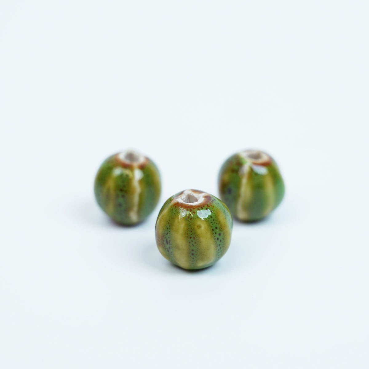 Handmade DIY Pumpkin Striped Porcelain Beads (30 pcs) - Green Glaze