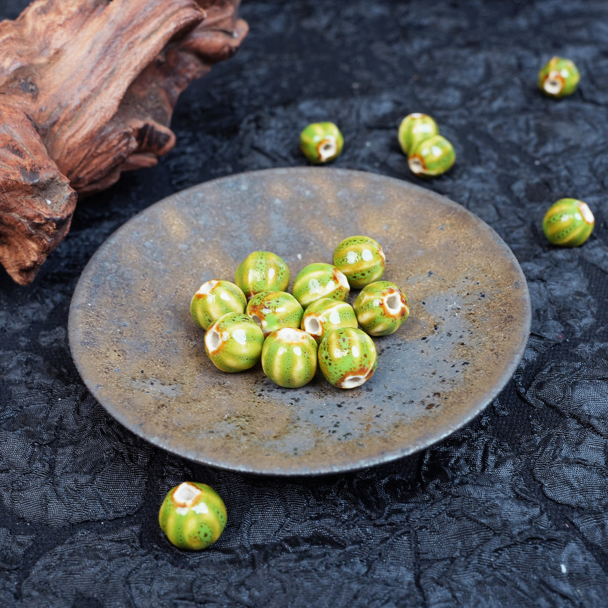 Handmade DIY Pumpkin Striped Porcelain Beads (30 pcs) - Green Glaze