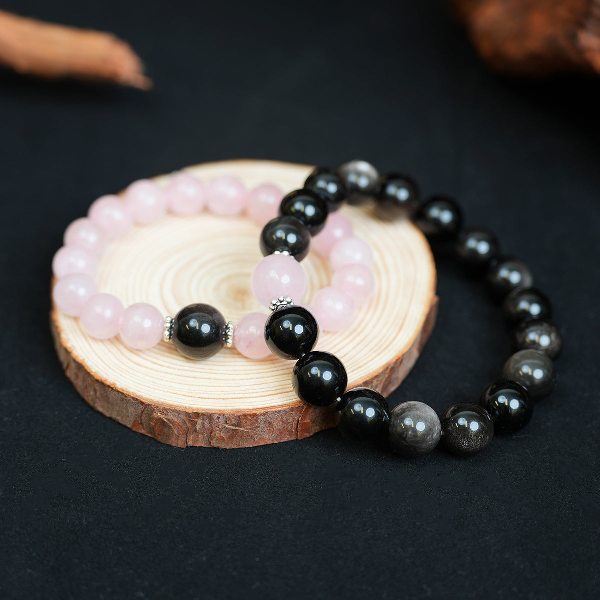 Couple Bracelet - 12mm&10mm Silver Obsidian + Rose Quartz Top Bead