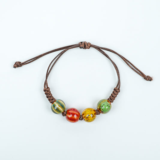 Ceramic Melon-Shaped Bead Bracelet (Orange-Brown Glaze, Vintage Style, Adjustable Cord)