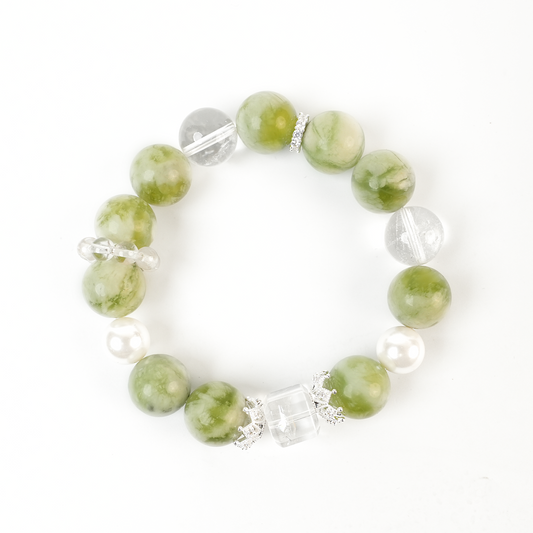 Natural Qingti Milk Cap Jade Bracelet with White Crystal & Pearl Accents