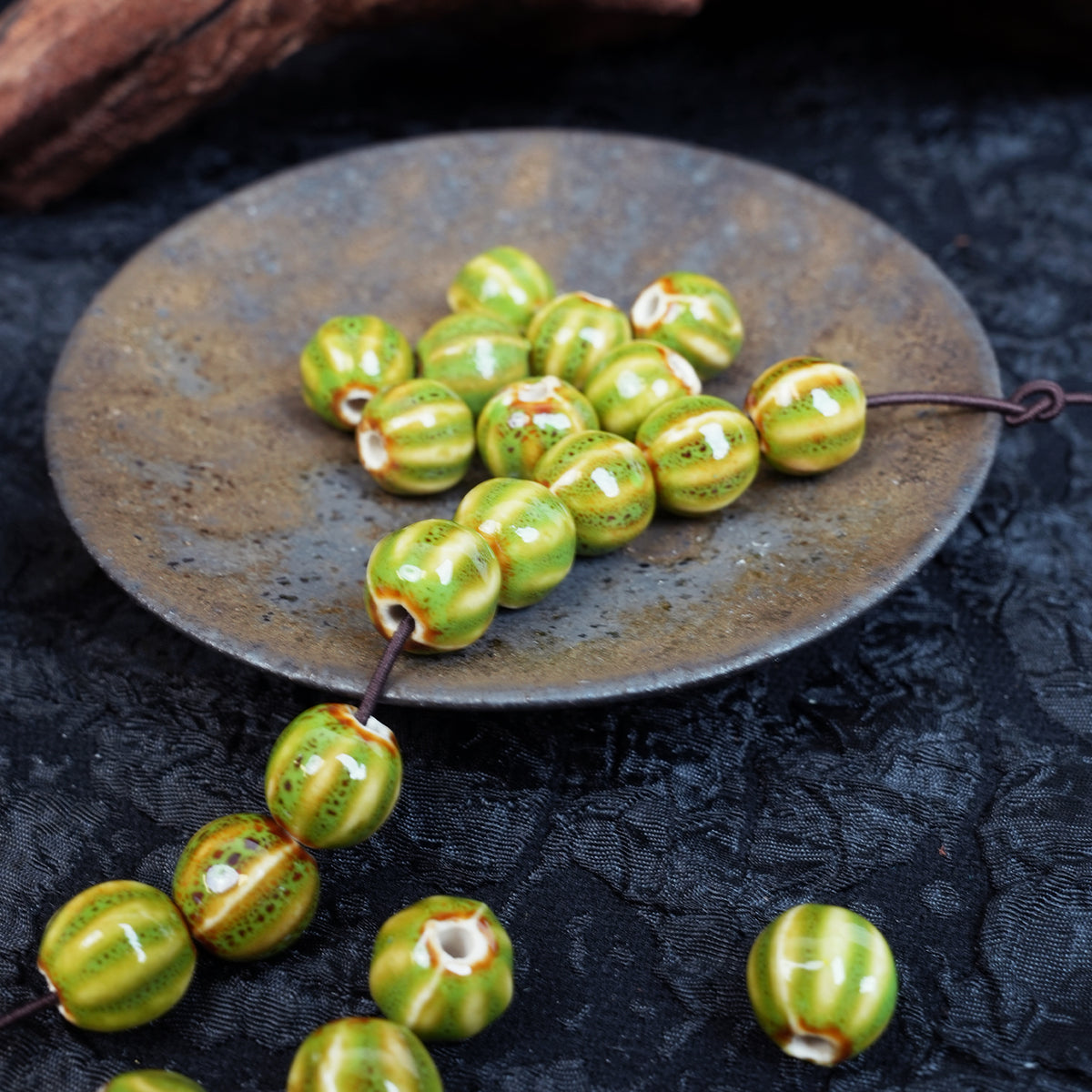 Handmade DIY Pumpkin Striped Porcelain Beads (30 pcs) - Green Glaze