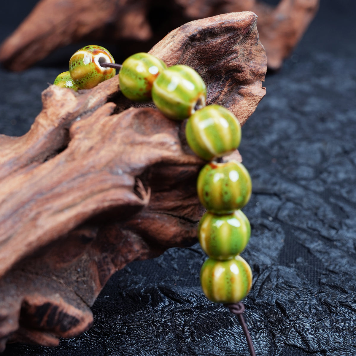 Handmade DIY Pumpkin Striped Porcelain Beads (30 pcs) - Green Glaze