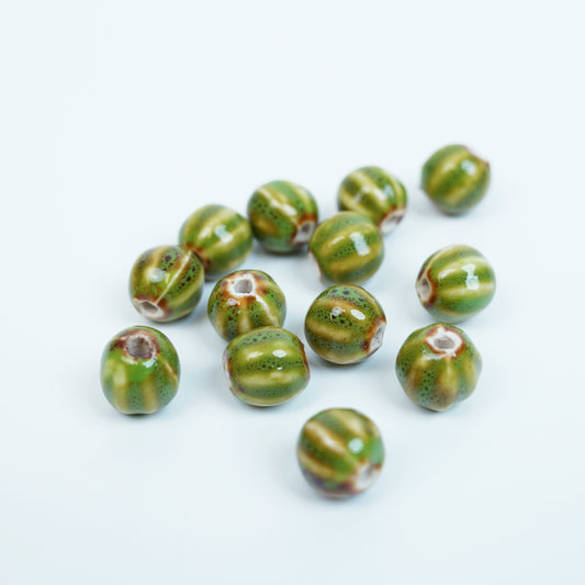 Handmade DIY Pumpkin Striped Porcelain Beads (10 pcs) - Green Glaze