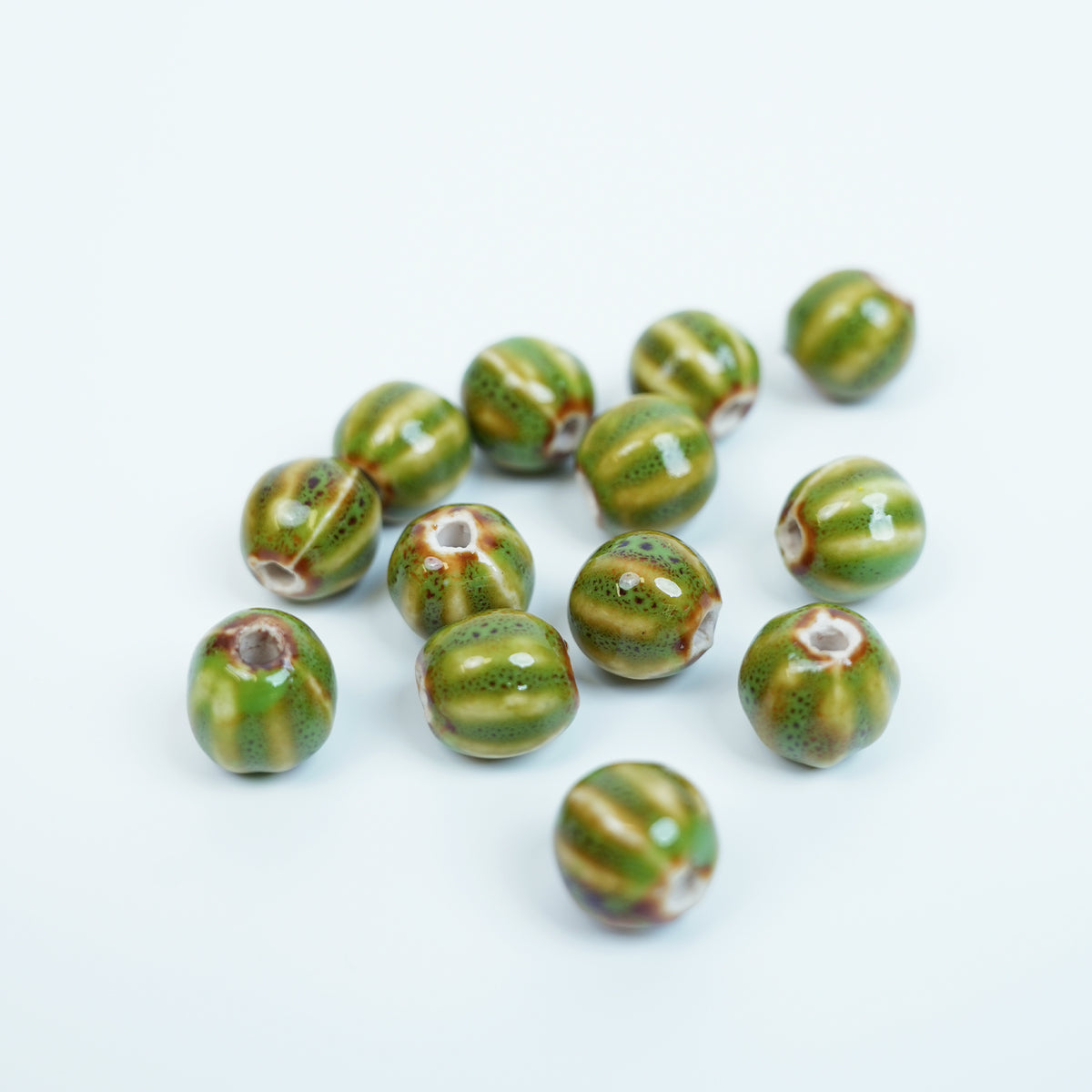 Handmade DIY Pumpkin Striped Porcelain Beads (30 pcs) - Green Glaze