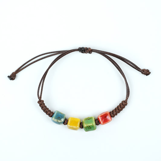 Ceramic Square Bead Bracelet (Multicolor Glaze, Cube Design, Adjustable Cord)