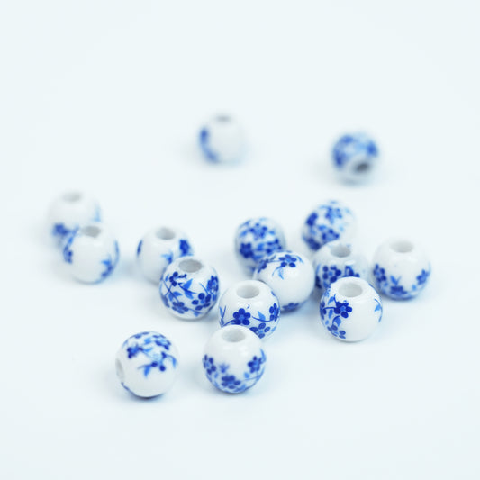 Handmade DIY Blue and White Porcelain Flower Beads (30 pcs) - Blue Floral Pattern