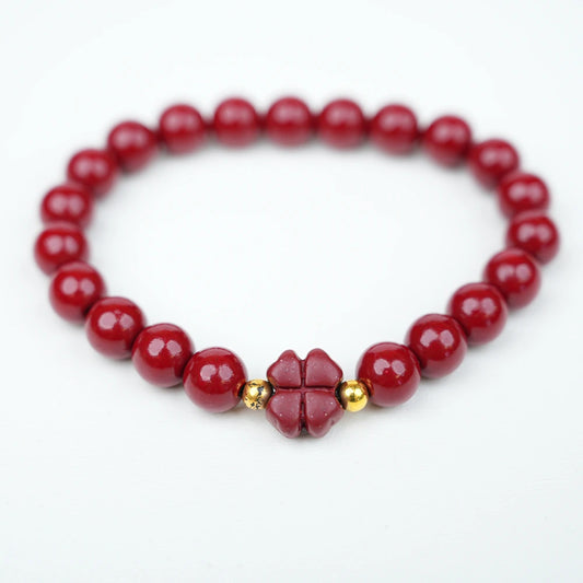 8mm Cinnabar Purple Gold Sand Four-Leaf Clover Bracelet - Joy & Luck Style