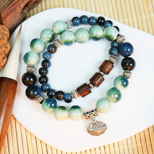 Wooden Ruyi Lock Ceramic Bracelet (Green-Gold Tone, Vintage & Elegant, Double Wrap)