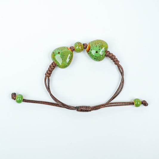 Ceramic Round Bead Bracelet (Green Gradient Glaze, Fresh & Natural, Adjustable Cord)